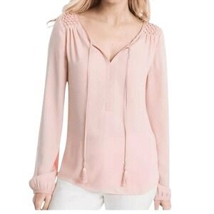 WHITE HOUSE BLACK MARKET Ballerina Pink Peasant Lattice L/S‎ Tassel Blouse NWT 0